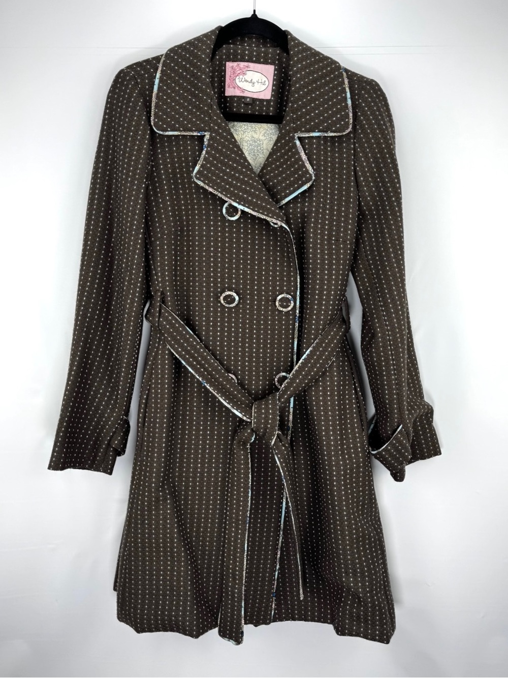 Anthro Wendy Hil 100% Wool Brown Peacoat w/ White Polka Dot & Silk Paisley Trim